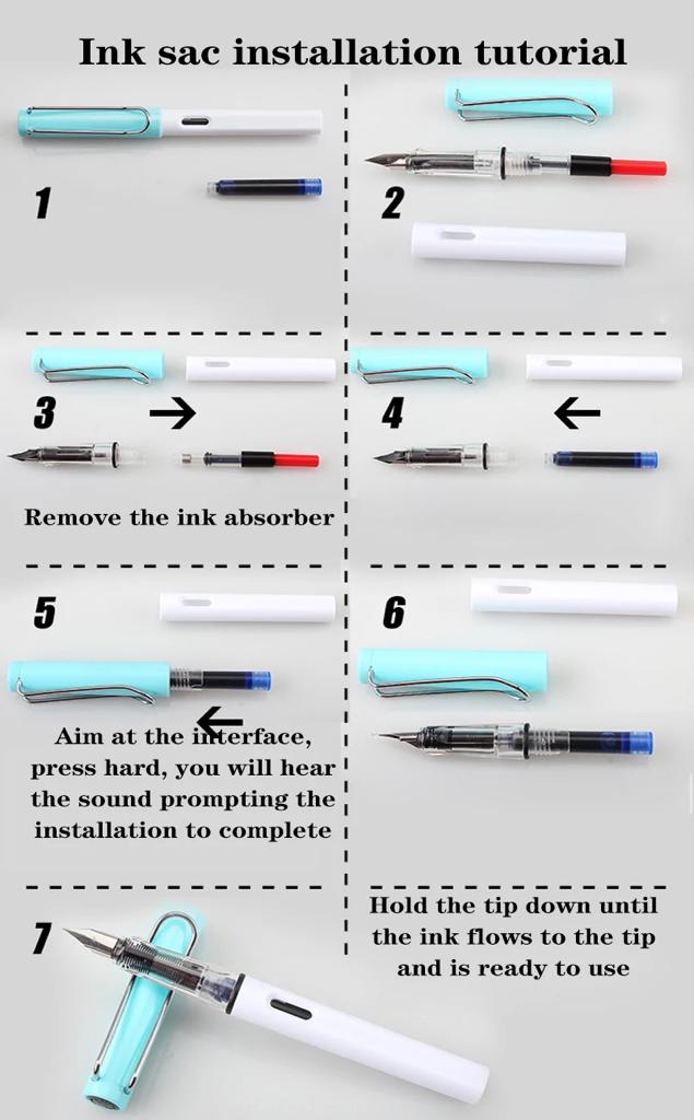 עט נובע עם 5 מילויים דיו כחול - טורקיז